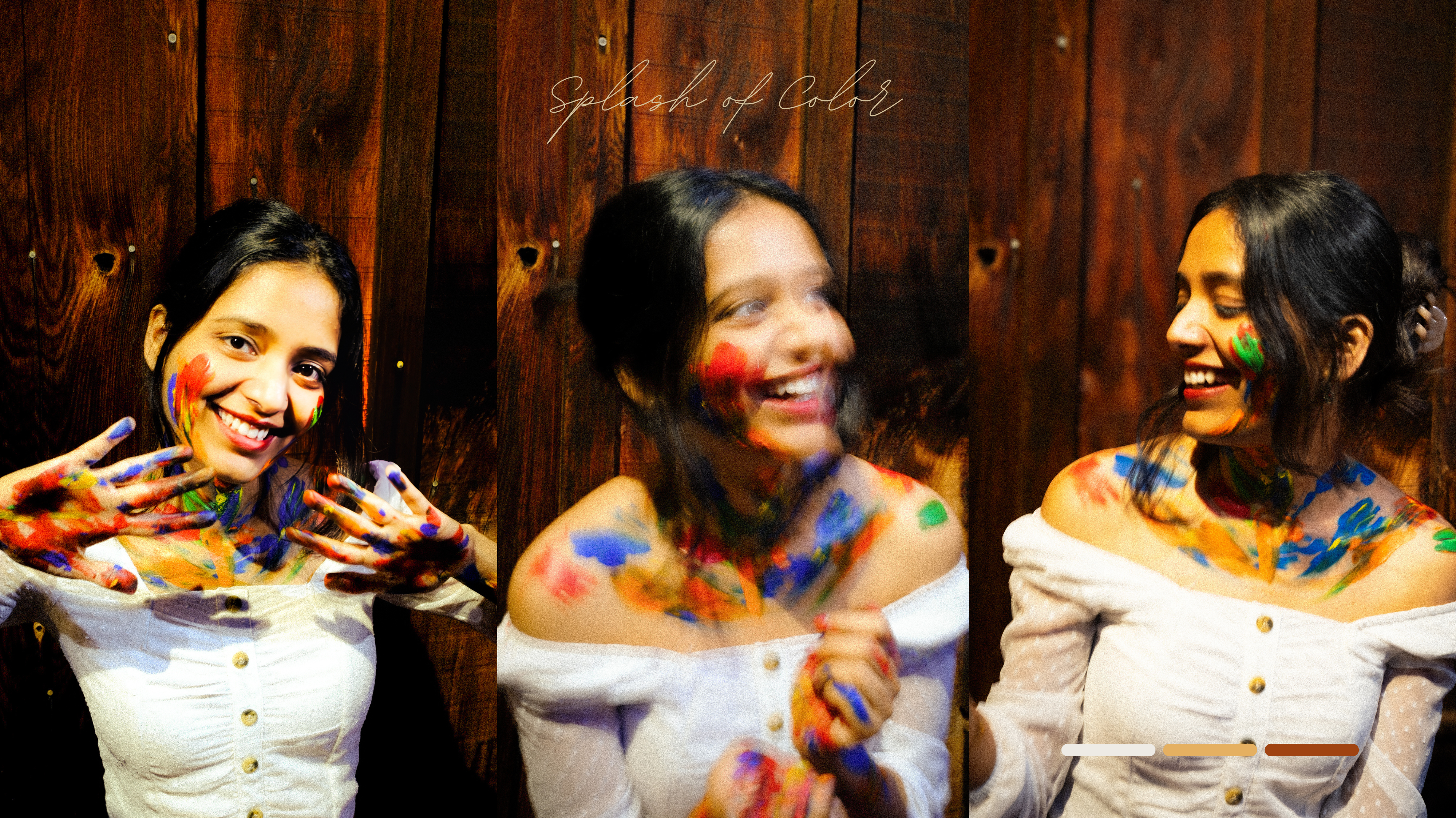 Three-panel portrait of women laughing and covered in colorful paint against a wooden wall